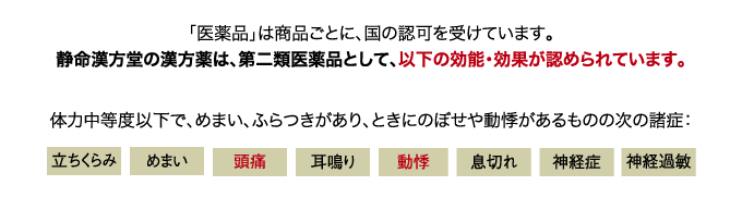 静命漢方堂の漢方薬は、第二類医薬品として、以下の効能・効果が認められています。